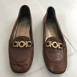 Joan & David Gold Hardware Buckle Leather Loafers Flats